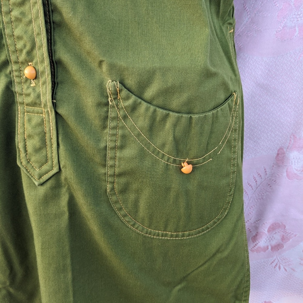 Vintage 60s 70s Mod Mini Dress M Olive Green Button Front Shift Twiggy Utility - Picture 4 of 14